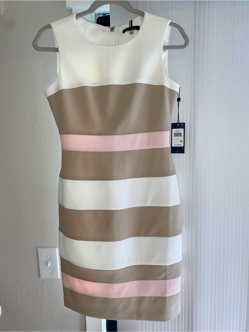 Tommy Hilfiger Striped Sleeveless Midi Dress in White, Tan & Pink